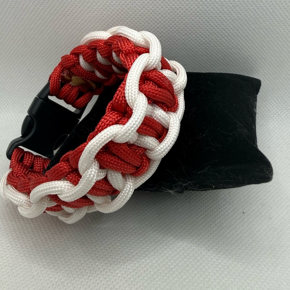 Handmade Red & White Paracord Bracelet with Side-Release Buckle